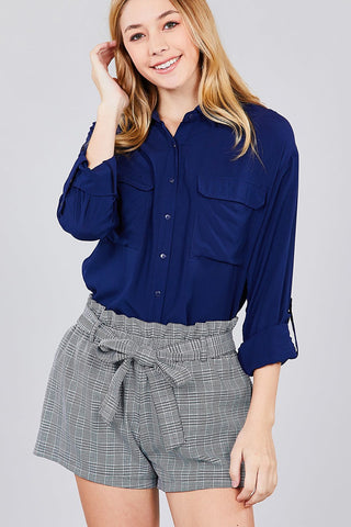 3/4 Roll Up Sleeve Chest Flap Pocket Woven Shirts