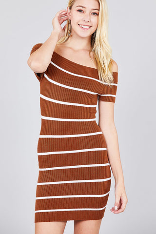 Short Sleeve Off The Shoulder Striped Mini Sweater Dress