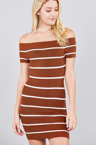 Short Sleeve Off The Shoulder Striped Mini Sweater Dress