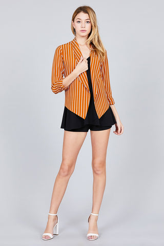 Shirring Sleeve Open Front W/label Striped Jacket