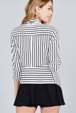 Shirring Sleeve Open Front W/label Striped Jacket