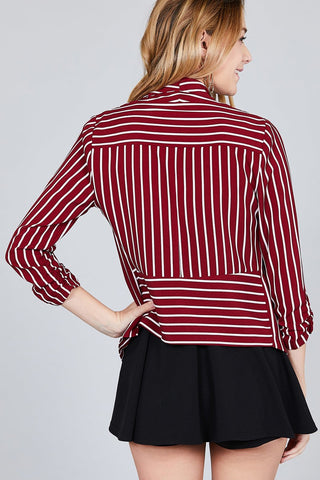 Shirring Sleeve Open Front W/label Striped Jacket