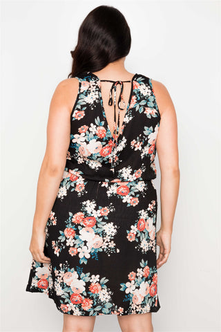Plus Size Black Floral Print Sleeveless Boho Mini Dress