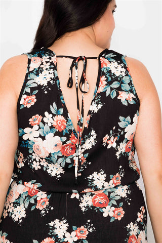 Plus Size Black Floral Print Sleeveless Boho Mini Dress