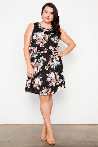 Plus Size Black Floral Print Sleeveless Boho Mini Dress