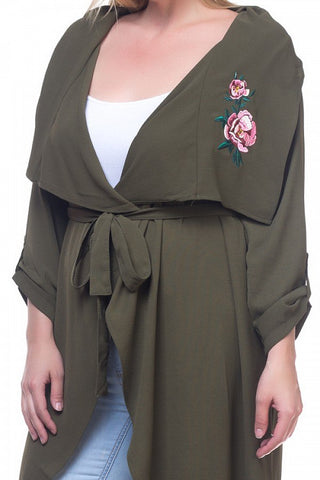 Floral Embroidery Belted Jacket