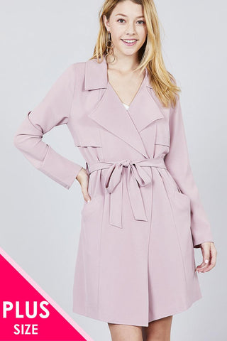 Long Sleeve Notched Collar W/waist Belt Long Jacket