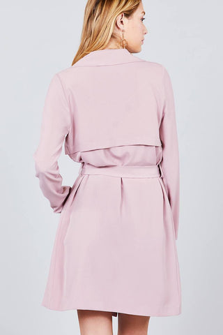 Long Sleeve Notched Collar W/waist Belt Long Jacket
