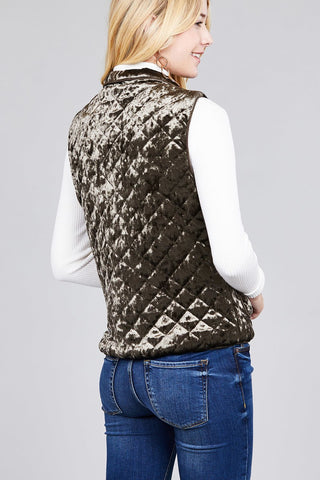 Quilted Padding W/suede Piping Detail Velvet Vest