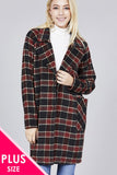 Long Sleeve Notched Lapel W/pocket Heavy Plaid Long Jacket