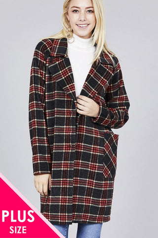 Long Sleeve Notched Lapel W/pocket Heavy Plaid Long Jacket