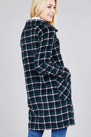 Long Sleeve Notched Lapel W/pocket Heavy Plaid Long Jacket