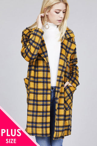 Long Sleeve Notched Lapel W/pocket Heavy Plaid Long Jacket