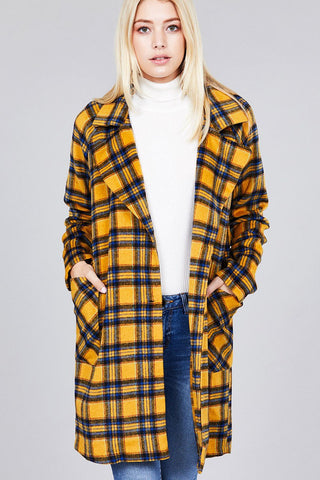 Long Sleeve Notched Lapel W/pocket Heavy Plaid Long Jacket