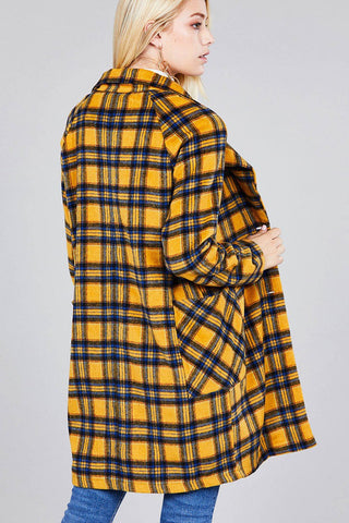 Long Sleeve Notched Lapel W/pocket Heavy Plaid Long Jacket
