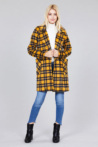Long Sleeve Notched Lapel W/pocket Heavy Plaid Long Jacket