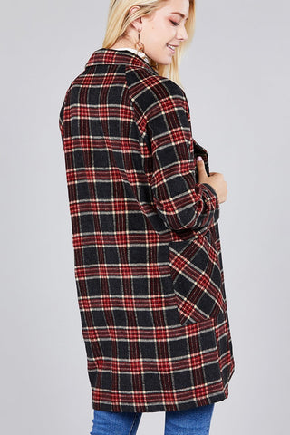 Long Sleeve Notched Lapel W/pocket Heavy Plaid Long Jacket