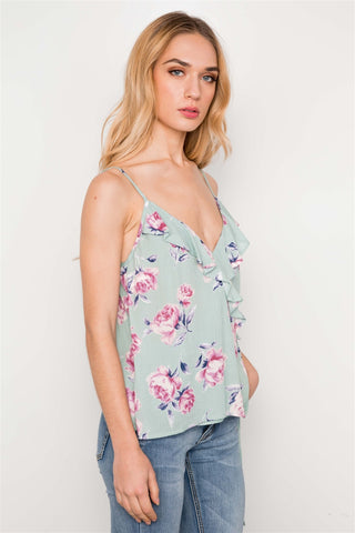 Floral Print Sage V-neck Cami Tie Top
