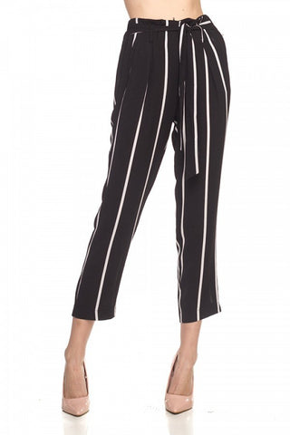 Stripe Belted Bubble Crepe Pants