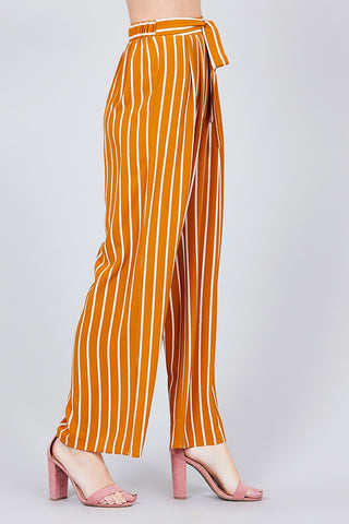 Stripe Print Waist Self Bow Tie Crepe Long Pants
