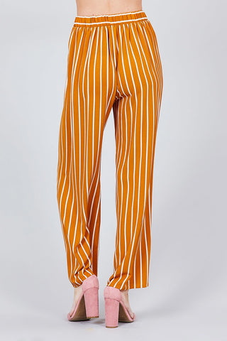 Stripe Print Waist Self Bow Tie Crepe Long Pants