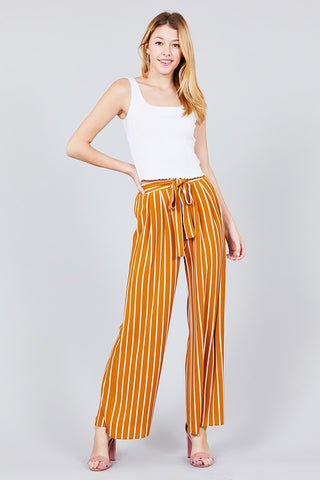 Stripe Print Waist Self Bow Tie Crepe Long Pants