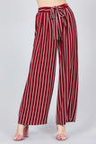 Stripe Print Waist Self Bow Tie Crepe Long Pants