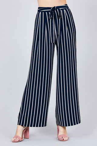 Stripe Print Waist Self Bow Tie Crepe Long Pants