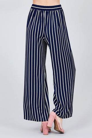 Stripe Print Waist Self Bow Tie Crepe Long Pants