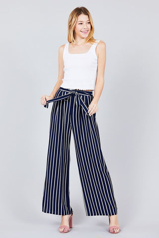 Stripe Print Waist Self Bow Tie Crepe Long Pants