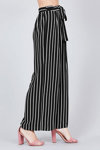 Stripe Print Waist Self Bow Tie Crepe Long Pants