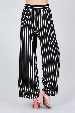 Stripe Print Waist Self Bow Tie Crepe Long Pants