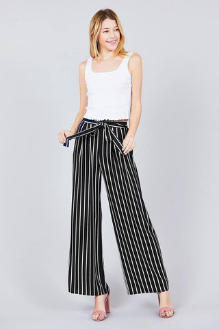 Stripe Print Waist Self Bow Tie Crepe Long Pants