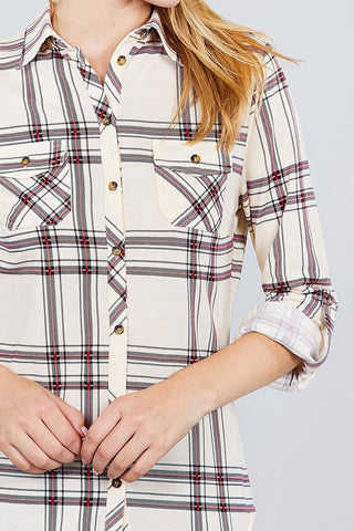 3/4 Roll Up Sleeve Front Pocket Detail Plaid Check Print Stretch Knit Shirts