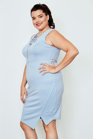 Plus Size Light Blue Lace Up Asymmetrical Front Dress