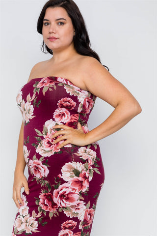 2-way Wear: Plus Size Floral Print Tube Midi Dress - Long Skirt