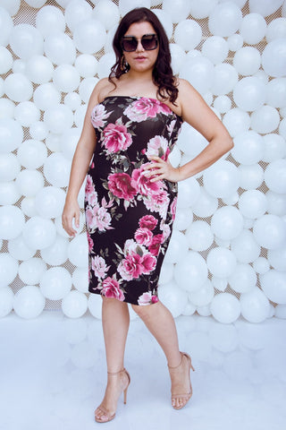 2-way Wear: Plus Size Floral Print Tube Midi Dress - Long Skirt