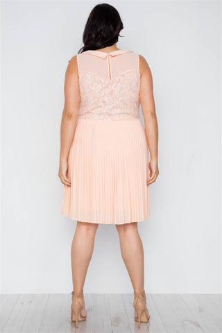 Plus Size Peach Pleated Chiffon Lace Sleeveless Dress