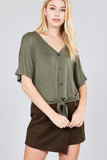 Short Dolman Sleeve V-neck W/button Detail Front Tie Rayon Spandex Cardigan