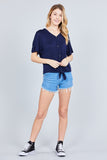 Short Dolman Sleeve V-neck W/button Detail Front Tie Rayon Spandex Cardigan
