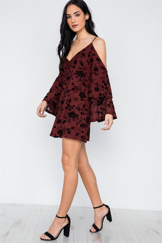 Wine Burnout Velvet Cold Shoulder Tiered Bell Sleeve Mini Dress