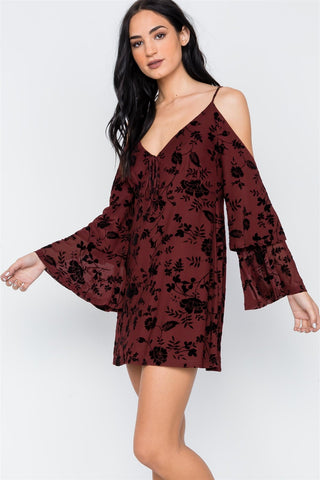 Wine Burnout Velvet Cold Shoulder Tiered Bell Sleeve Mini Dress