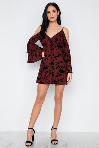Wine Burnout Velvet Cold Shoulder Tiered Bell Sleeve Mini Dress