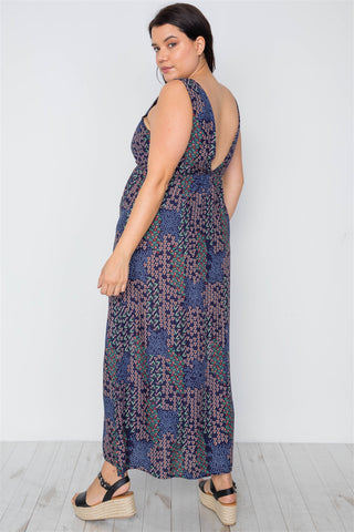 Plus Size Multi Navy Sleeveless Lace Up Maxi Boho Dress