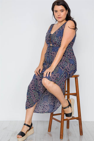 Plus Size Multi Navy Sleeveless Lace Up Maxi Boho Dress