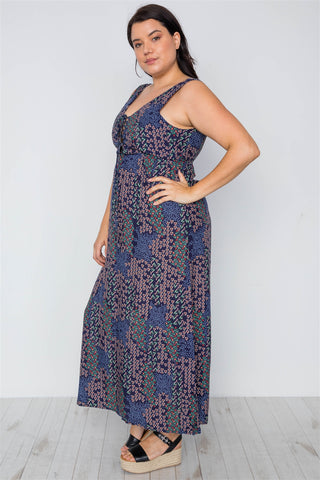Plus Size Multi Navy Sleeveless Lace Up Maxi Boho Dress