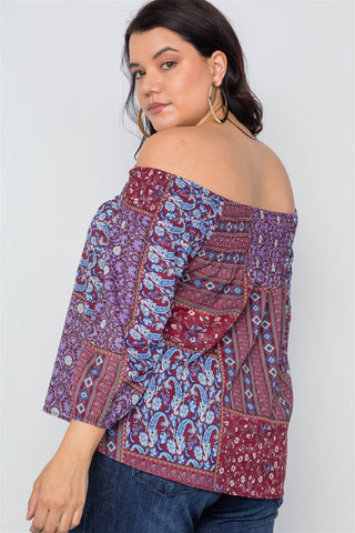 Plus Size Off-the-shoulder Multi Print Top