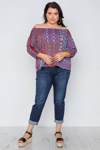 Plus Size Off-the-shoulder Multi Print Top
