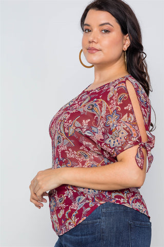 Plus Size Multi Self Tie Sleeves Floral Chiffon Top