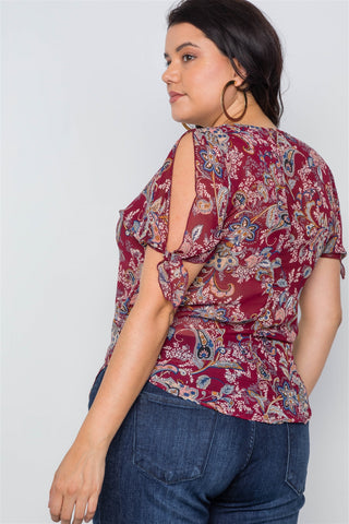 Plus Size Multi Self Tie Sleeves Floral Chiffon Top